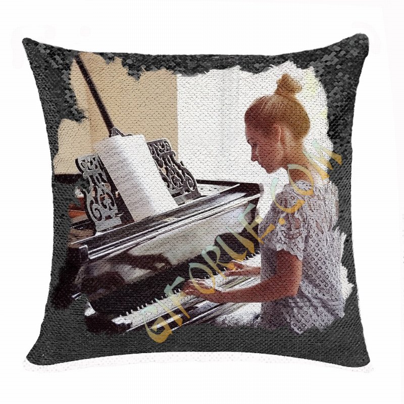 Handmade Double Sided Sequin Pillow Personalised Image Gift Pianist - Click Image to Close