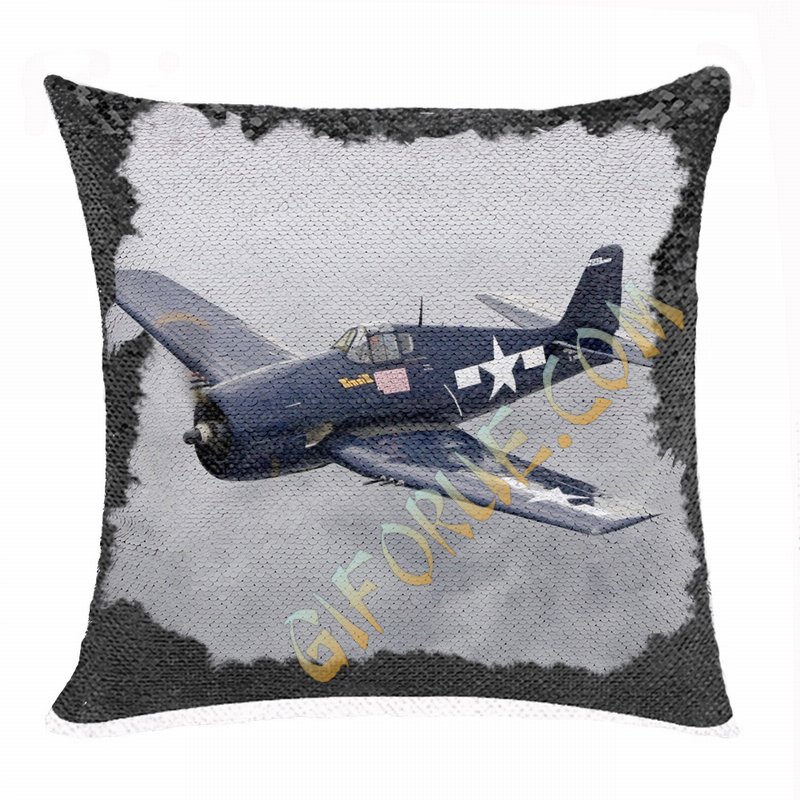 Handmade Personalized Wwii Aircraft Gift Photo Flip Sequin Pillow - Click Image to Close