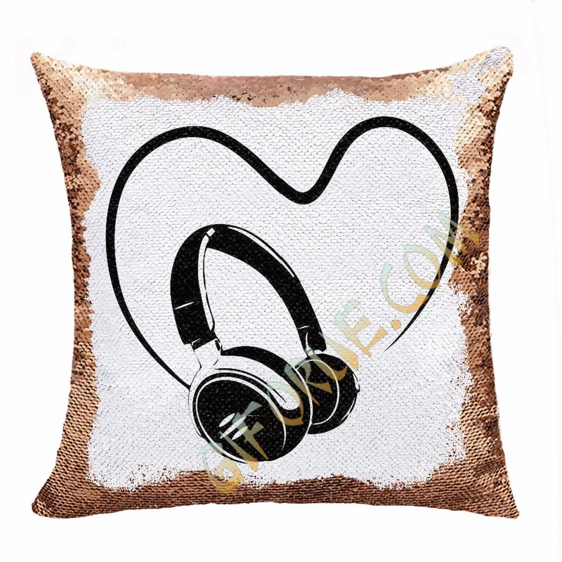Personalised Love Earphone Gift Image Sequin Cushion Cover - Click Image to Close