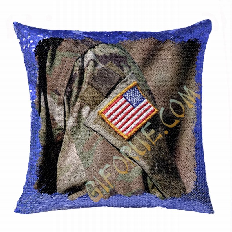 Personalised Military Man Gift Photo Sequin Cushion Cover - Click Image to Close