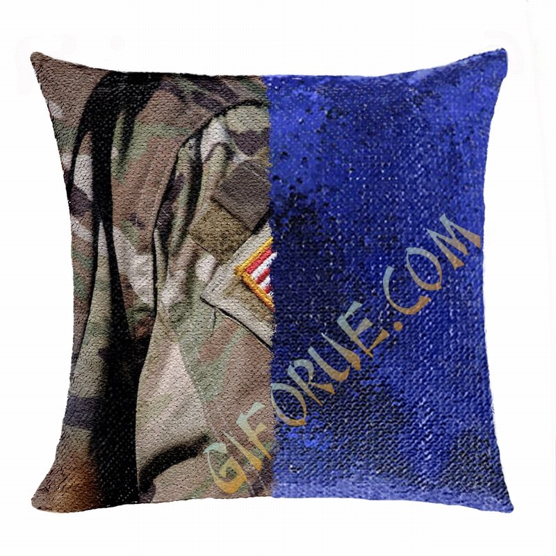 Personalised Military Man Gift Photo Sequin Cushion Cover - Click Image to Close