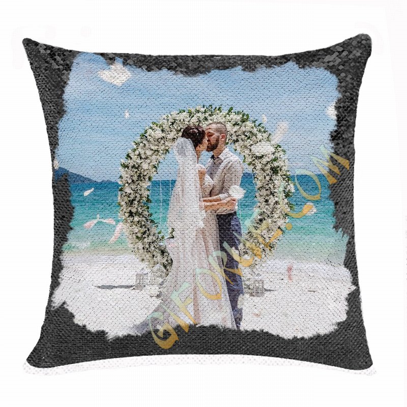 Personalised Photo Reversible Sequin Pillow Wedding Firl Gift - Click Image to Close