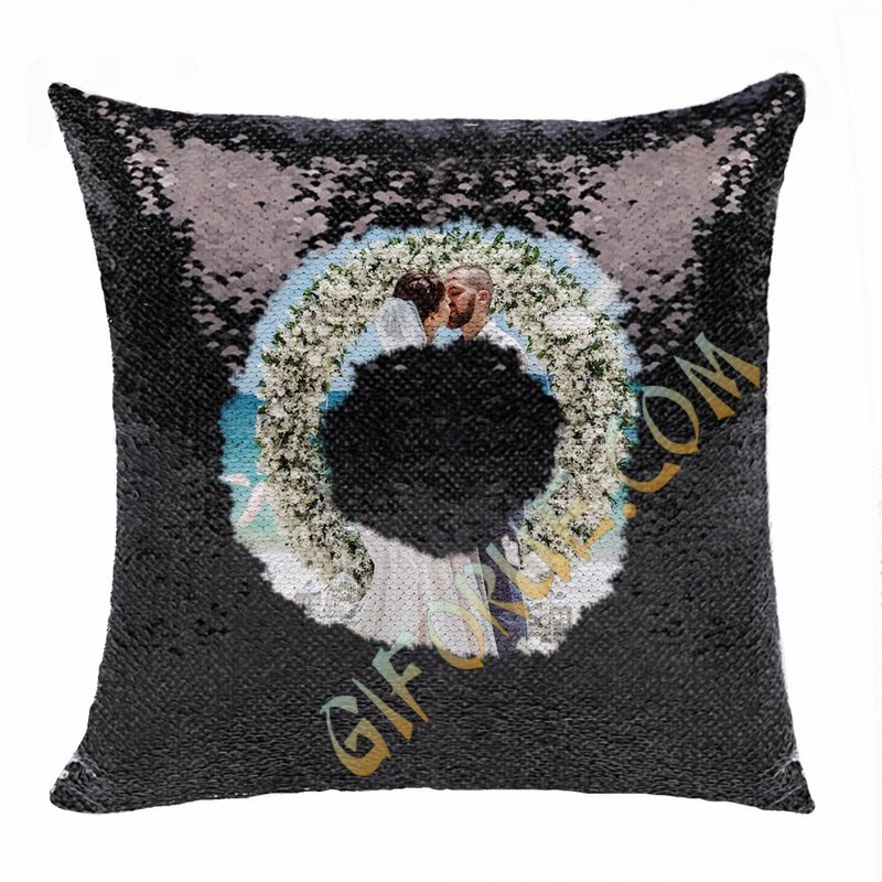 Personalised Photo Reversible Sequin Pillow Wedding Firl Gift - Click Image to Close