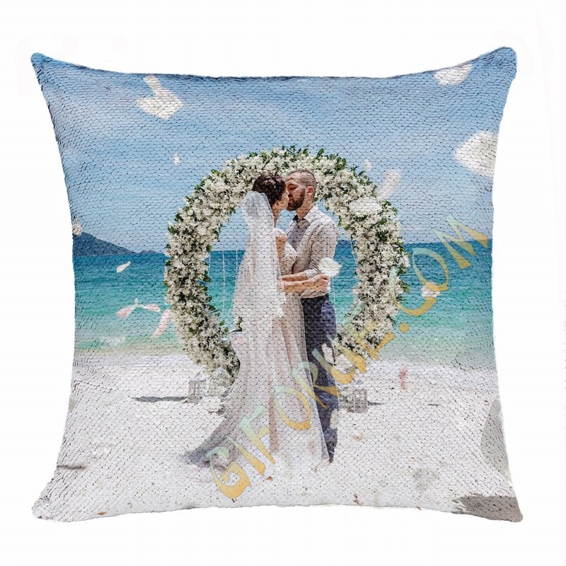 Personalised Photo Reversible Sequin Pillow Wedding Firl Gift - Click Image to Close