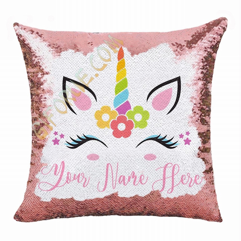 Personalized Sequin Pillow Unicorn With Name Smart Gift For Her - Click Image to Close