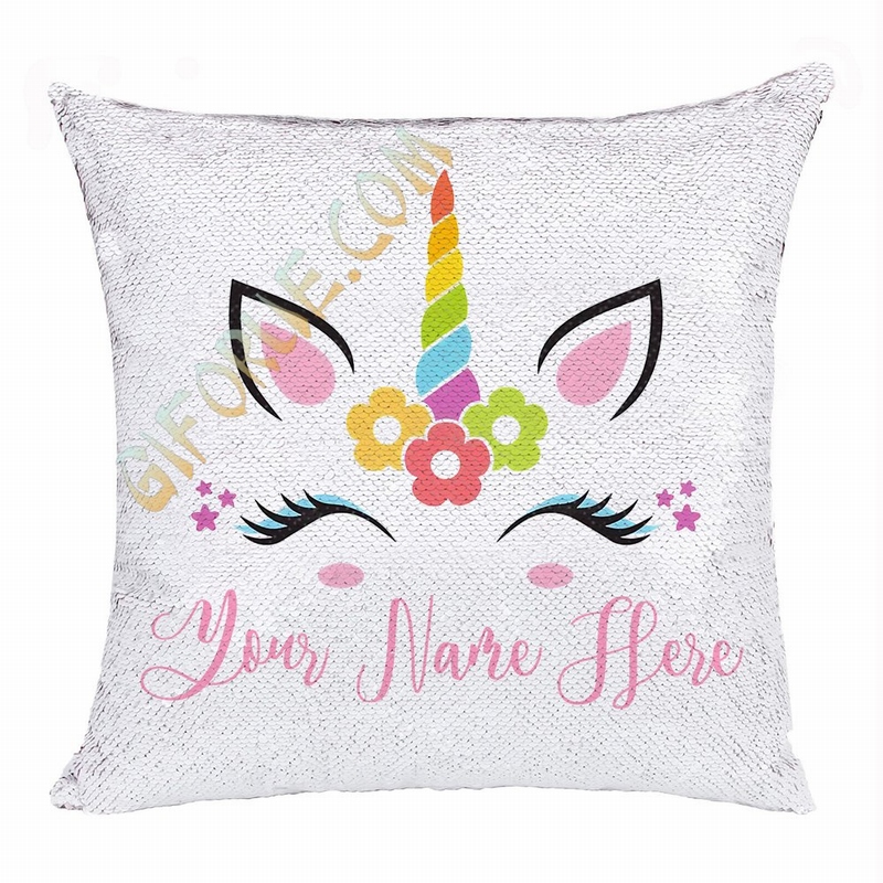 Personalized Sequin Pillow Unicorn With Name Smart Gift For Her - Click Image to Close