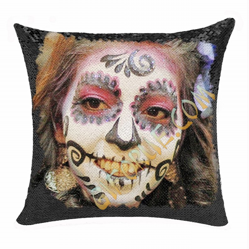 Personalized Scary Halloween Makeup Girl Sequin Magic Pillow - Click Image to Close