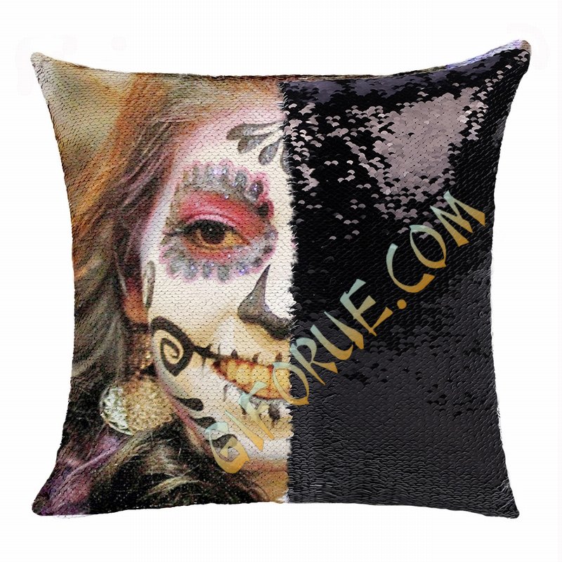 Personalized Scary Halloween Makeup Girl Sequin Magic Pillow - Click Image to Close