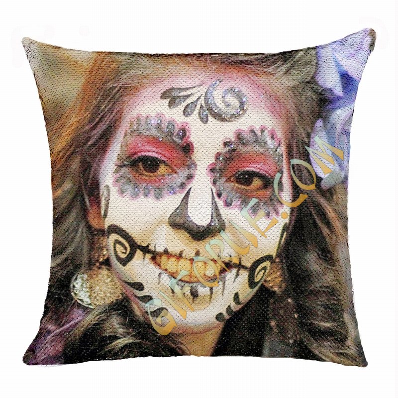 Personalized Scary Halloween Makeup Girl Sequin Magic Pillow - Click Image to Close