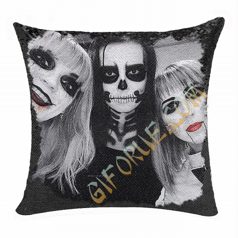 Personalized Terrifying Halloween Makeup Riend Sequin Pillow - Click Image to Close