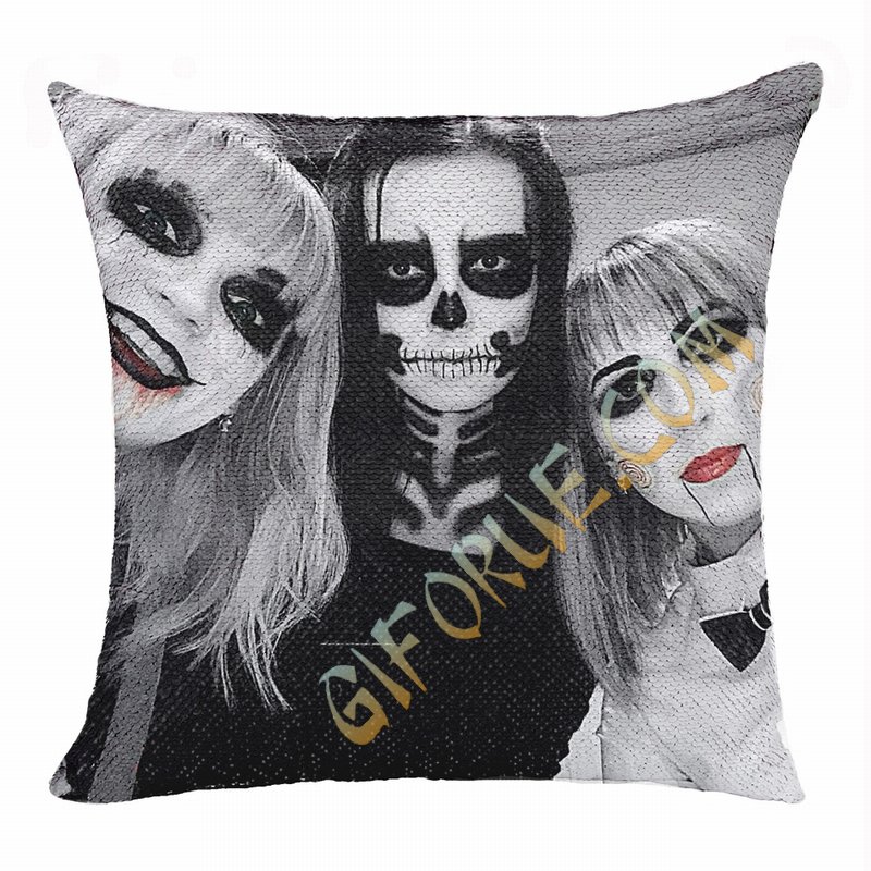 Personalized Terrifying Halloween Makeup Riend Sequin Pillow - Click Image to Close