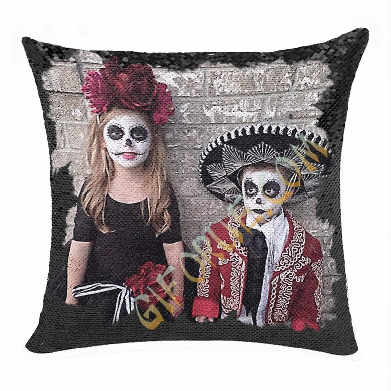 Terriable Spooky Halloween Makeup Sequin Pillow Kids Custom Gift - Click Image to Close