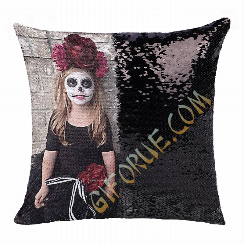 Terriable Spooky Halloween Makeup Sequin Pillow Kids Custom Gift - Click Image to Close