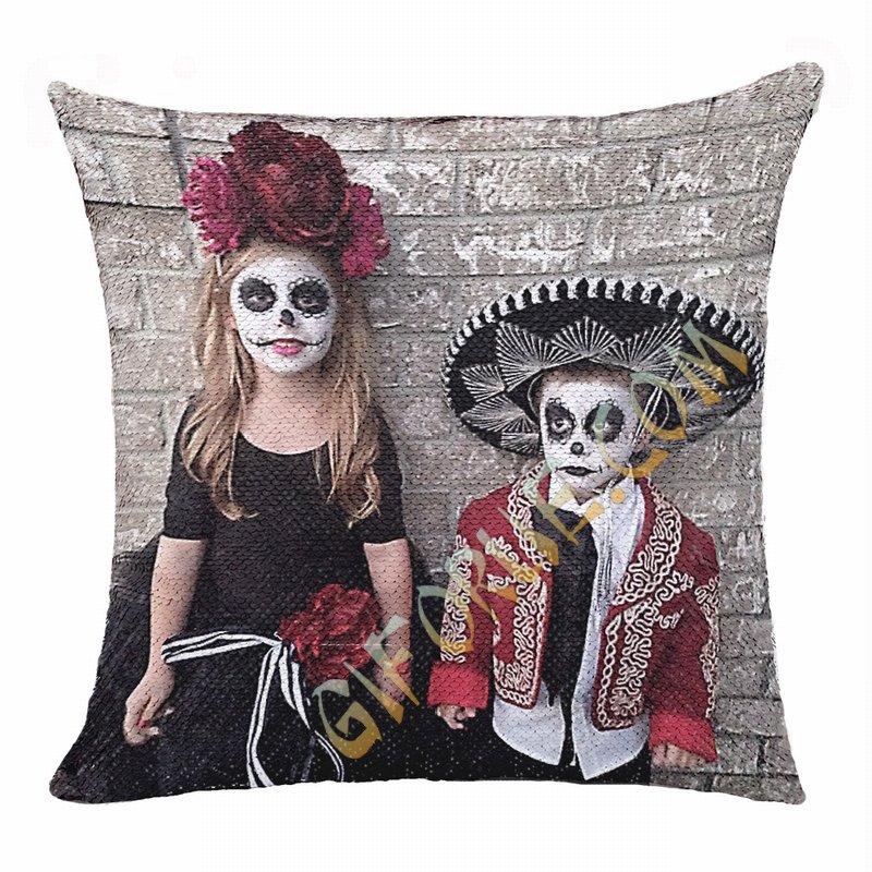 Terriable Spooky Halloween Makeup Sequin Pillow Kids Custom Gift - Click Image to Close