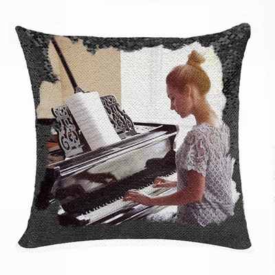 Handmade Double Sided Sequin Pillow Personalised Image Gift Pianist